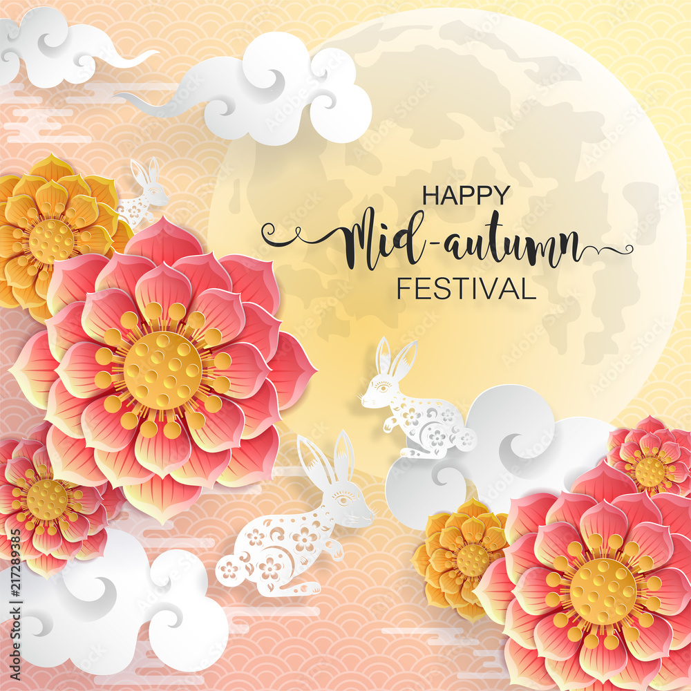 Sticker  Mid Autumn Festival with paper cut art and craft style on color Background.