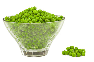 Fresh green peas in bowl isolated on white.
