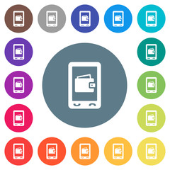 Mobile wallet flat white icons on round color backgrounds