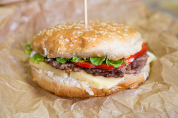 Closeup of tasty grilled homemade burger