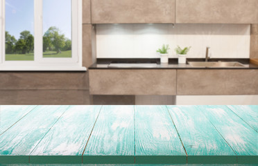 Kitchen background with table. Wooden table texture.