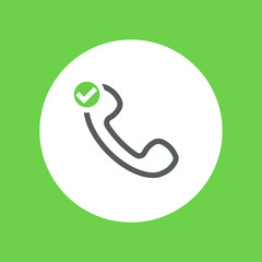 Outline telephone handset symbol. Check mark, green tick sign. Flat vector icon
