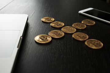 Bitcoin coin symbol on laptop future concept financial currency crypto currency sign