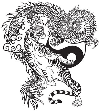Chinese dragon versus tiger. Black and white tattoo vector illustration included Yin Yang symbol