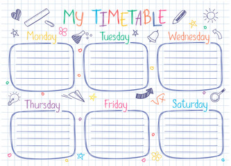 School timetable template on copy book sheet with hand written text. Weekly lessons shedule in sketchy style decorated with hand drawn school doodles.