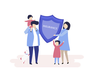 Character of a family holding an insurance illustration