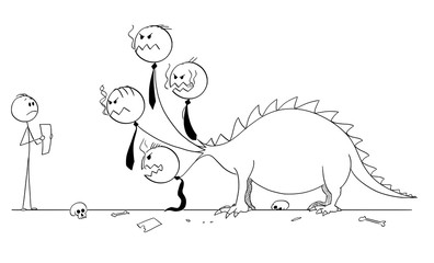 Obraz premium Cartoon stick drawing conceptual illustration of man or businessman facing the monster, beast or dragon. Concept of bureaucracy.