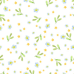  Seamless pattern with blue, orange flowers and with green leaves on a branch on a white background. Can be used for the design of perfume packaging, gift wrapping, cosmetics, for textiles, wedding