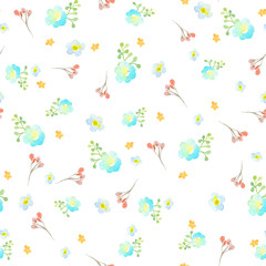 Seamless pattern with blue, turquoise and orange flowers, a twig with red flowers and a green abstract branch on a white background.