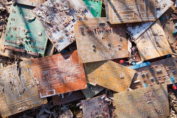 Old, used and broken electronic circuit chips lie in the dirt; background texture photo