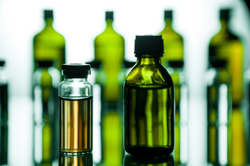 Group of ampoules with a transparent medicine in medical laboratory