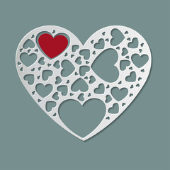 Beautiful white paper cut heart shape and red heart inside. Vector illustrations