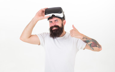 Sensational feelings of using VR headset. Man bearded hipster with virtual reality headset on white background isolated. What benefits of virtual reality headset. How virtual reality glasses work