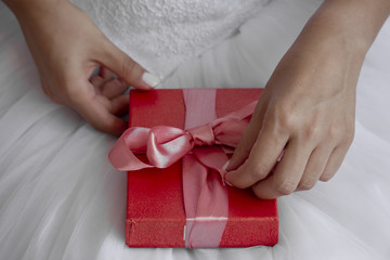Bride holding her red gift box
