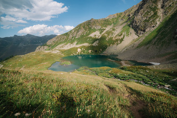 mountain lake against the backdrop of the mountains of the North Caucasus