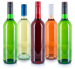 Wine bottles collection in a row white red rose green alcohol drink