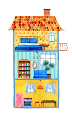 Inside view of three-story cartoon house with furniture and decorations. Hand drawn watercolor illustration