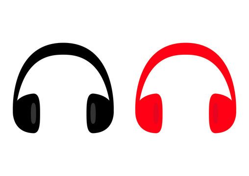 Headphones earphones icon set. Black and red silhouette. Music card. Flat design style. White background. Isolated.