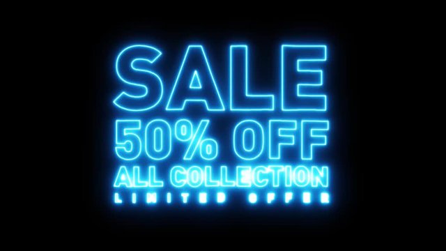 4k Pack Of Sale Offer Advertisement/
Animation of a pack of design big sale offer with neon light effect on letters, with each version of 50, 40, 30 and 20% off versions