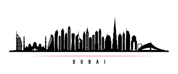Dubai city skyline horizontal banner. Black and white silhouette of Dubai city, UAE. Vector template for your design. © greens87