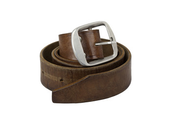 Rolled used mens leather belt with metal buckle isolated on white