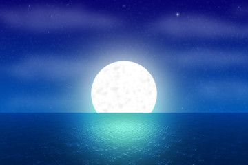 Fantasy night landscape with shimmering water surface, shiny moon and starry cloudy sky.