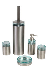 Set of metal toilet brush and accessories for bathroom isolated on white, with clipping path