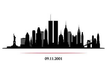 New York City Skyline with twins tower. World Trade Center. 09.11.2001 American Patriot Day anniversary banner. Vector illustration. - obrazy, fototapety, plakaty