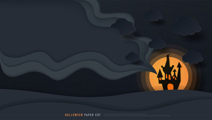 Halloween castle and full moon paper art carving style. Flyer or invitation template for Halloween party, printing, sale. Vector illustration