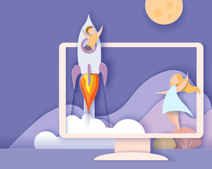 Back to school 1 september card. Monitor screen with mountains and children flying on rocket. Paper cut style. Vector illustration