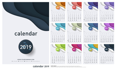 Calendar 2019 Trendy Gradients Origami Style. Set of 12 pages desk calendar. Vector design printing template