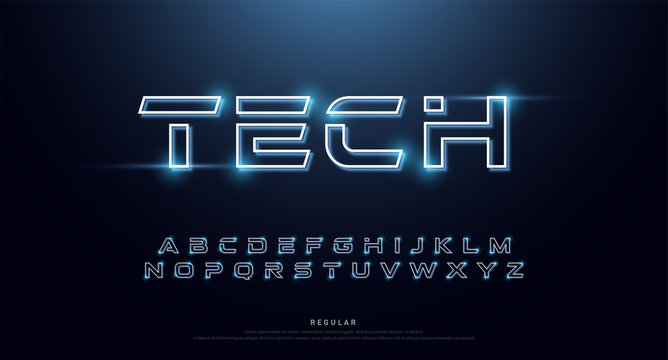 Technology abstract neon font and alphabet. techno effect logo designs. Typography digital space concept. vector illustration