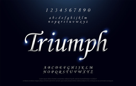 Elegant silver Colored Metal Chrome alphabet font. Triumph Typography classic style serif font set. vector illustration
