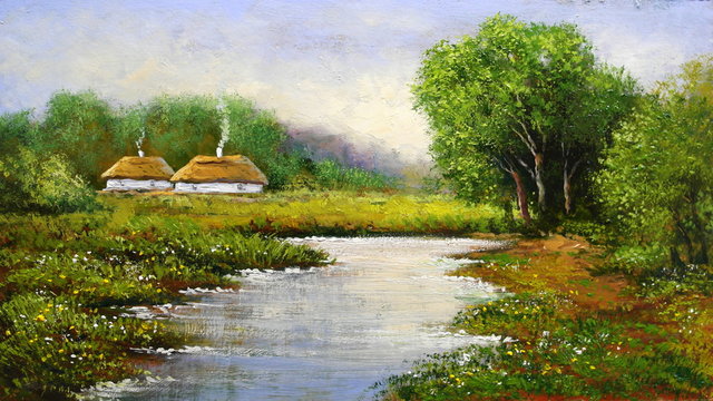 Oil paintings rural landscape. Old village