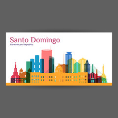 Santo Domingo city architecture silhouette. Colorful skyline. City flat design. Vector business card.