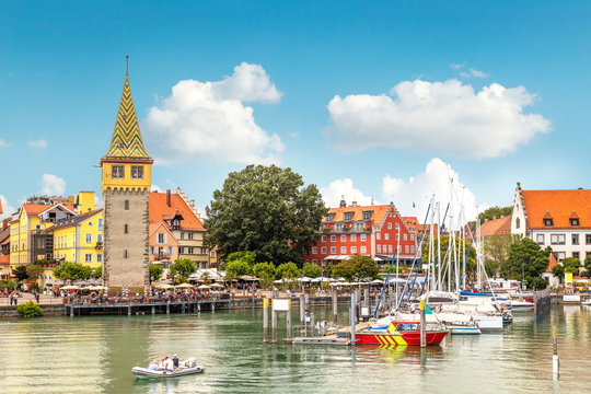 Harbor, promenade Seepromenade and the Mangturm tower in Lindau, a town on Lake Constance (or Bodensee) in Bavaria, Germany