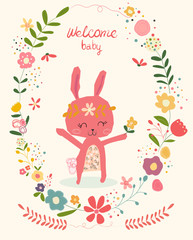 baby shower card with doodle cute pink bunny in flower wreath  frame 