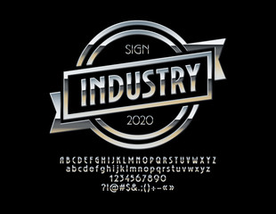 Vector reflective Silver Emblem Industry. Chic Steel Font