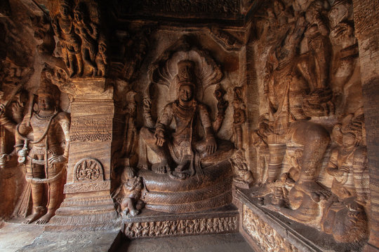 Lord Vishnu on Adishesha at Badami Cave Temple 3, Badami, Karnataka.