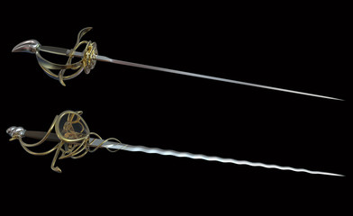 The medieval swords isolated on black background 3d illustration