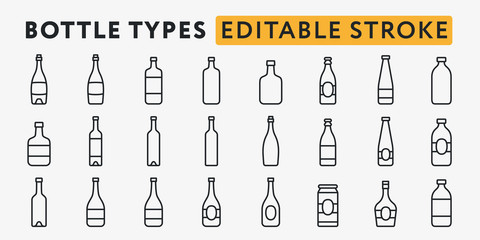 Glass Bottle Types. Alcohol Beverage Bar Drink Concept. Editable Stroke. Minimal Color Flat Line Outline Stroke Icon Set. - obrazy, fototapety, plakaty