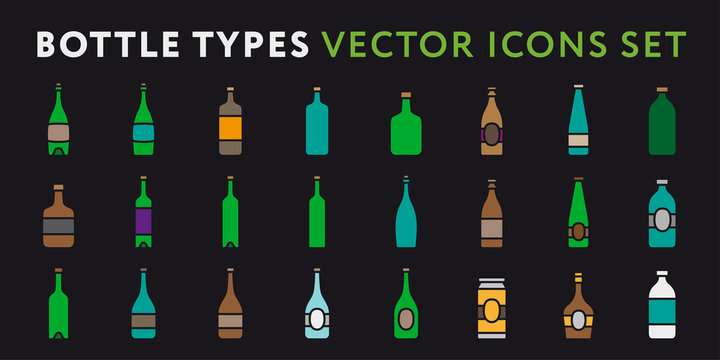 Glass Bottle Types. Alcohol Beverage Bar Drink Concept. Minimal Color Flat Icon Set.