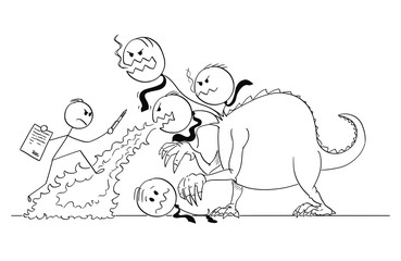 Cartoon stick drawing conceptual illustration of man or businessman with document and pen like shield and sword fighting against beast, monster, hydra or dragon of bureaucracy.