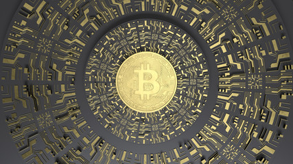 Gold Bitcoin on black background and futuristic golden printed circuit. Digital Currency. Mining 