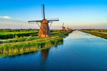 Aerial view of traditional windmills in Kinderdijk, The Netherlands.