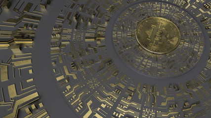Gold Bitcoin on black background and futuristic golden printed circuit. Digital Currency. Mining 