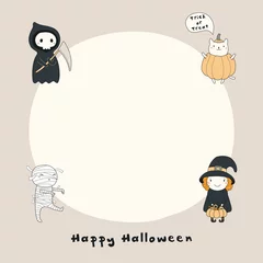 Sierkussen Hand drawn vector illustration of a kawaii funny death, witch, mummy, cat in a pumpkin, with text Happy Halloween, copy space. Isolated objects. Line drawing. Design concept print, card, invitation. © Maria Skrigan