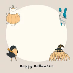 Foto op Canvas Hand drawn vector illustration of a kawaii funny crow, cat in a pumpkin, zombie bunny, spider, with text Happy Halloween, copy space. Isolated objects. Line drawing. Design concept for print, card. © Maria Skrigan