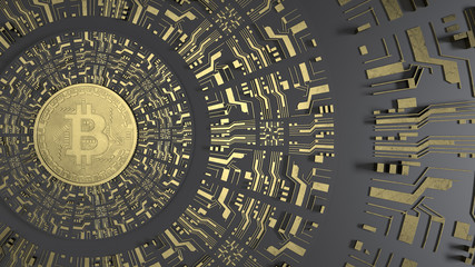 Gold Bitcoin on black background and futuristic golden printed circuit. Digital Currency. Mining 