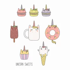 Keuken spatwand met foto Hand drawn vector illustration of a kawaii funny sweet food with unicorn horn, ears, with text. Isolated objects on white background. Line drawing. Design concept for cafe menu, children print. © Maria Skrigan